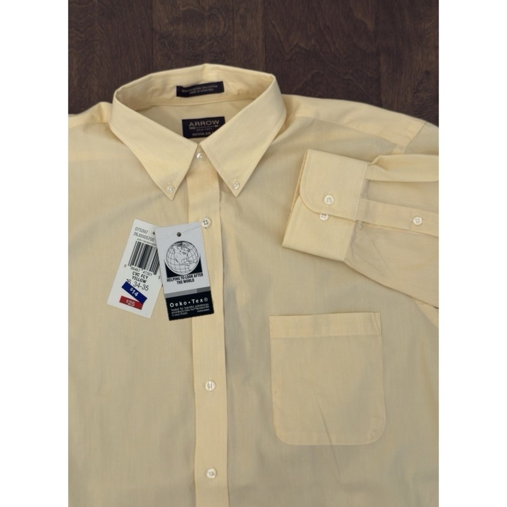 NWT Arrow Men's Yellow Button‎ Down Long Sleeve Regular Fit Size 16 34-35 Pocket